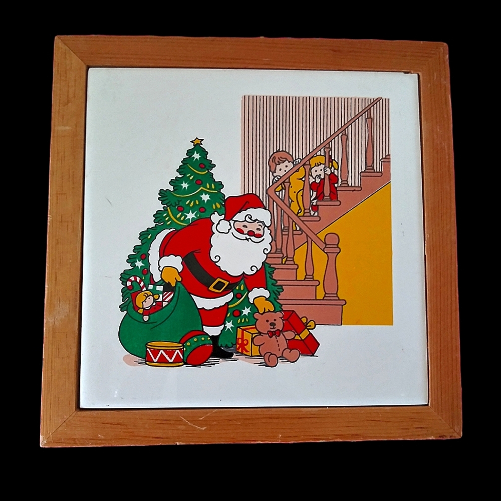 Vintage Christmas Theme Wood Framed Ceramic Tile Trivet Square Wall Decor